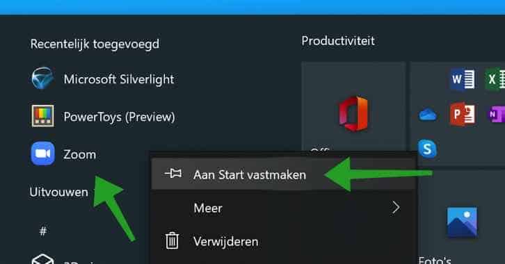 app aan start vastmaken windows 10 start menu