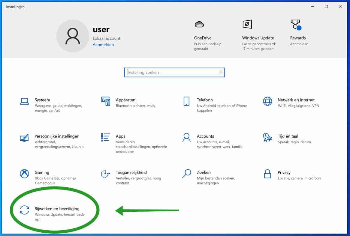 configuración de actualización y seguridad