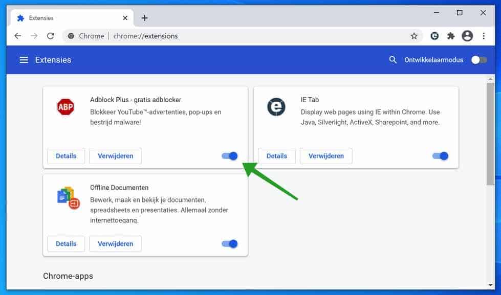 extensie uitschakelen in google chrome