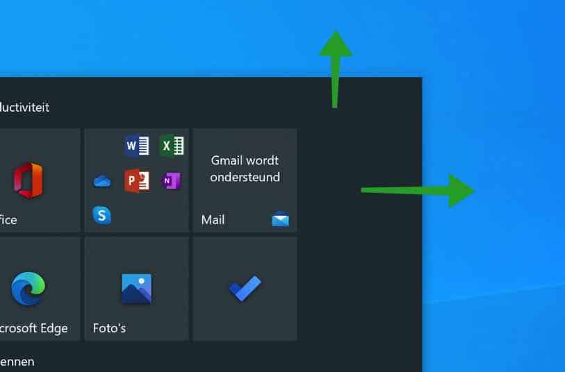 formaat start menu aanpassen windows 10