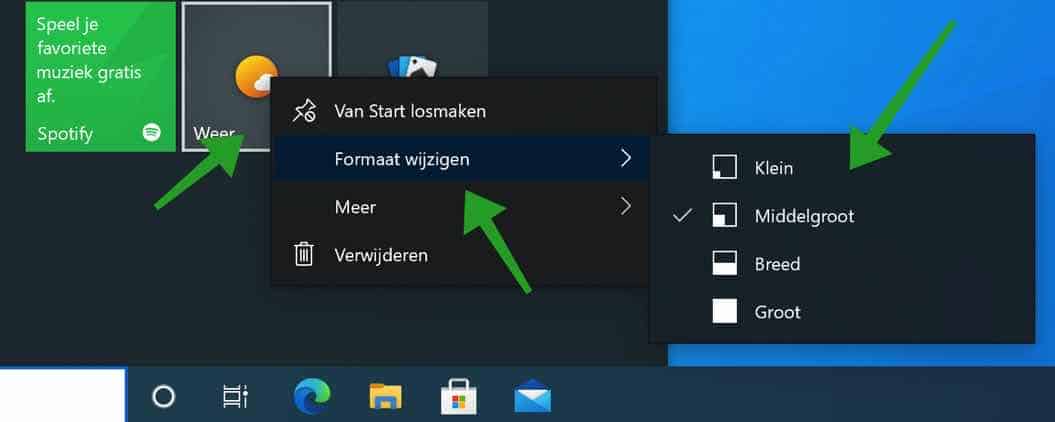 formaat tegels wijzigen start menu