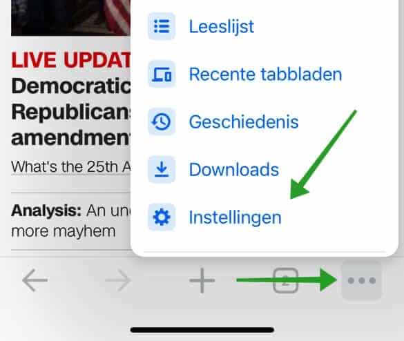google chrome iphone instellingen menu