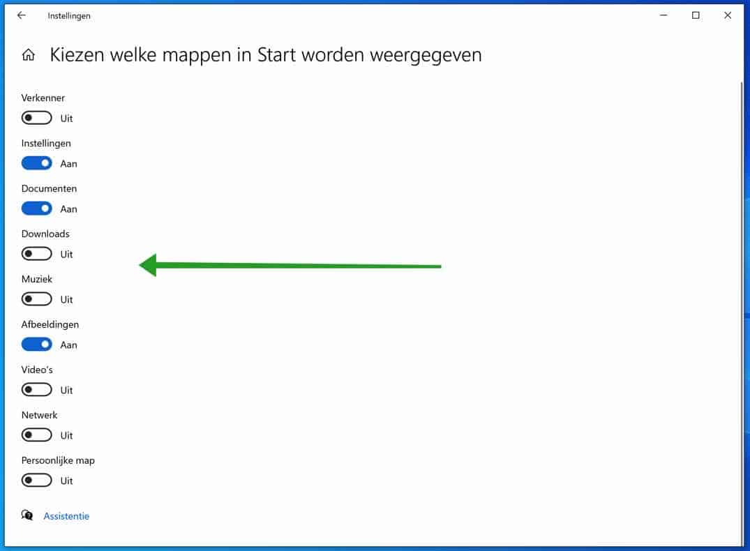 kiezen welke mappen er in start worden weergegeven