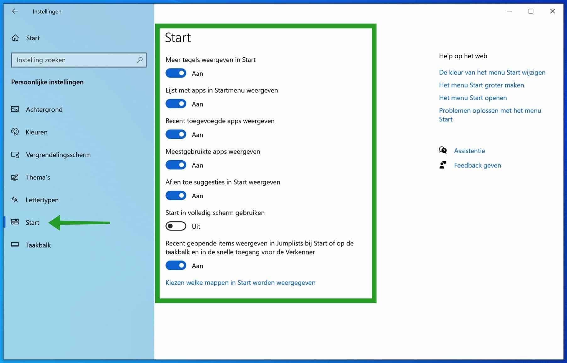 start menu instellingen aanpassen in windows 10