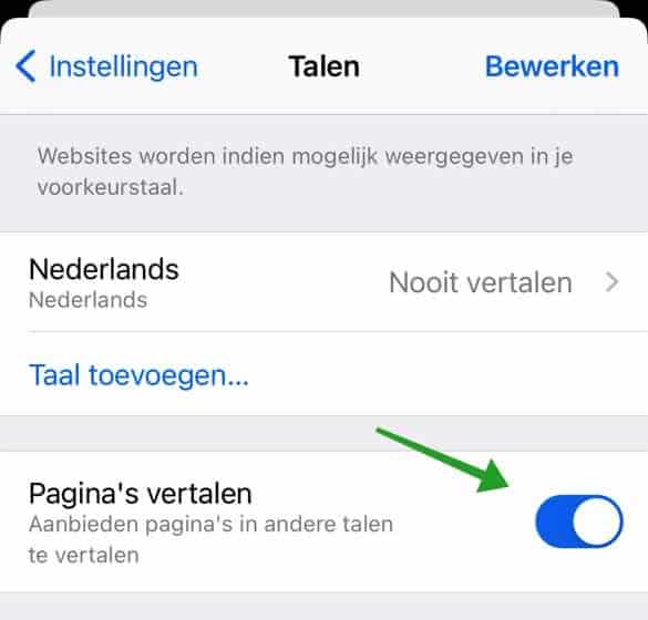 Berg dichtbij Slim Website vertalen uitschakelen in Google Chrome iPhone (iOS)