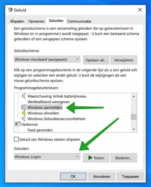 windows aanmeld geluid wijzigen