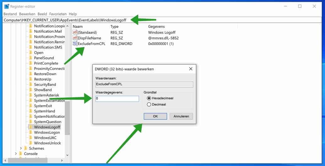 windows afsluit geluid instellingen toevoegen aan het control panel