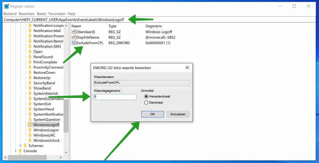 windows afsluit geluid instellingen toevoegen aan het control panel