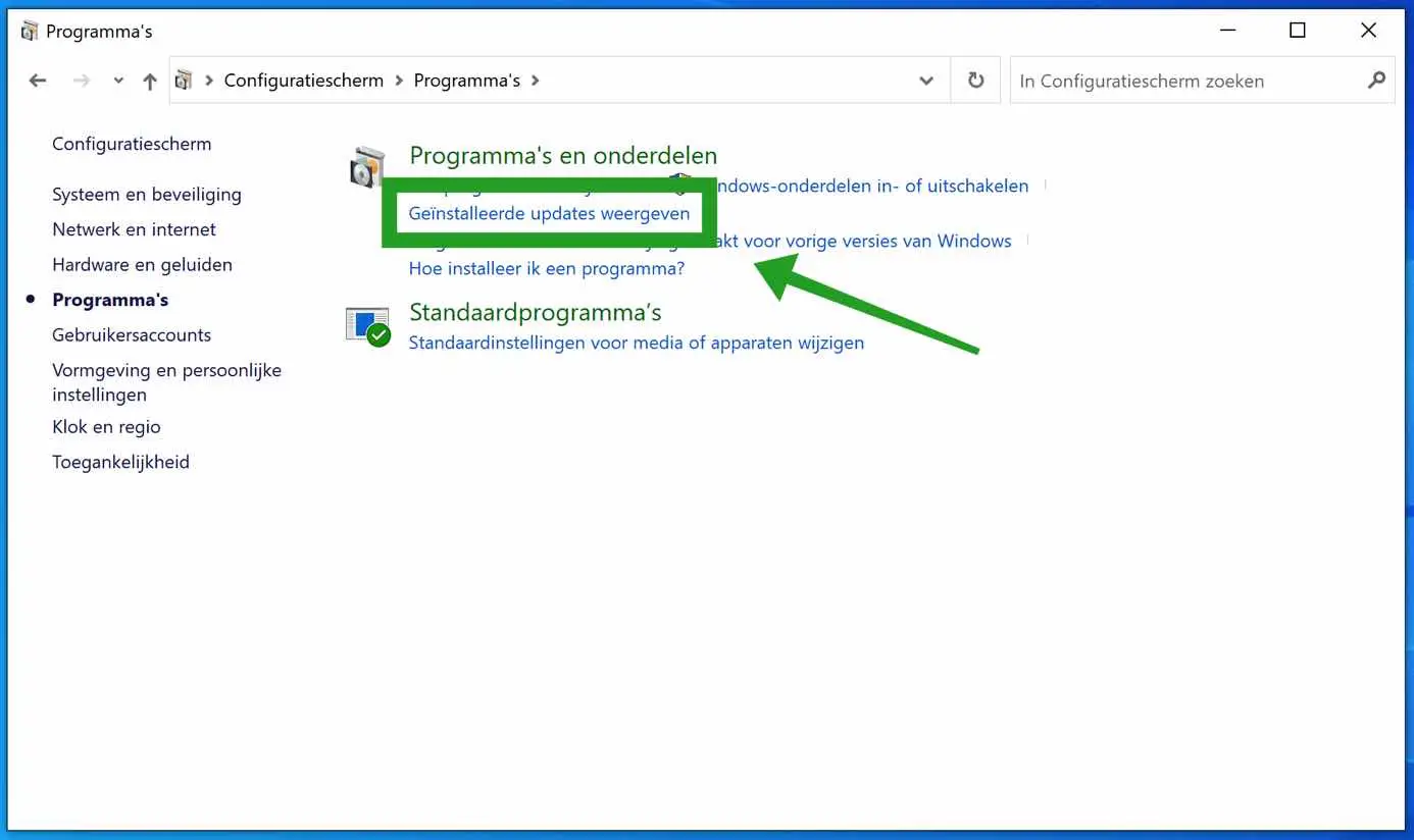 windows geinstalleerde updates weergeven