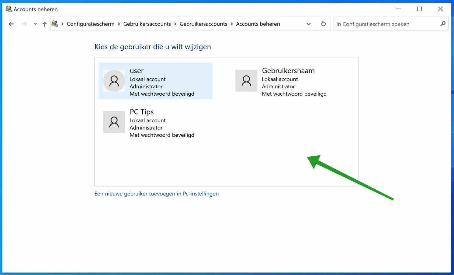 Alle gebruikersaccounts in Windows 10
