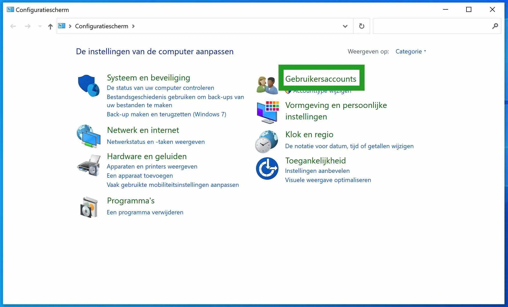 Configuratiescherm gebruikersaccounts