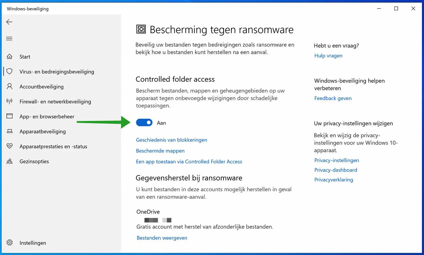 Controlled Folder Access instellingen