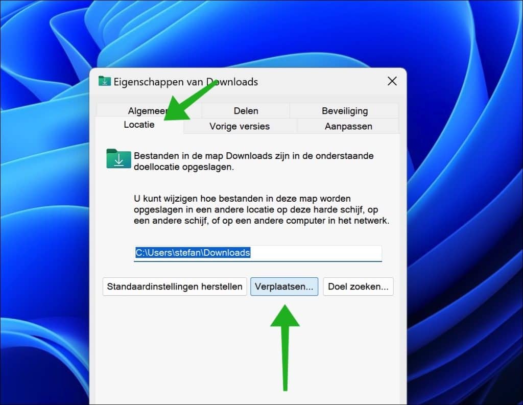 Change downloads folder to different location in Windows 11