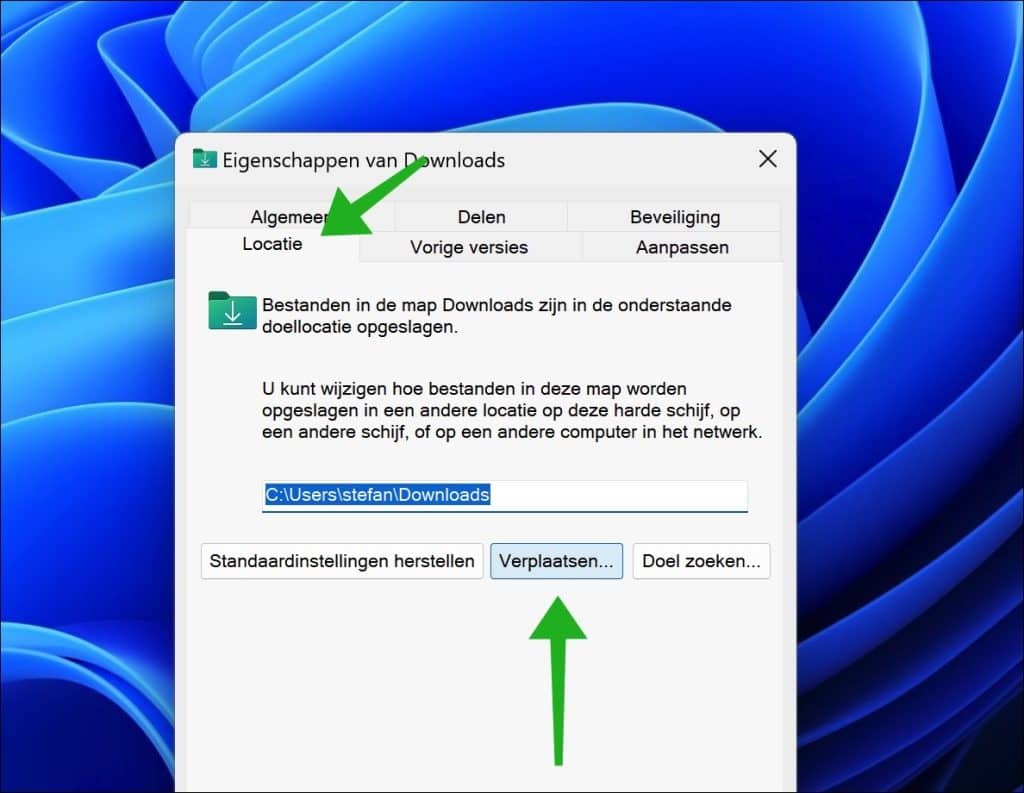 Downloads map wijzigen naar andere locatie in Windows 11