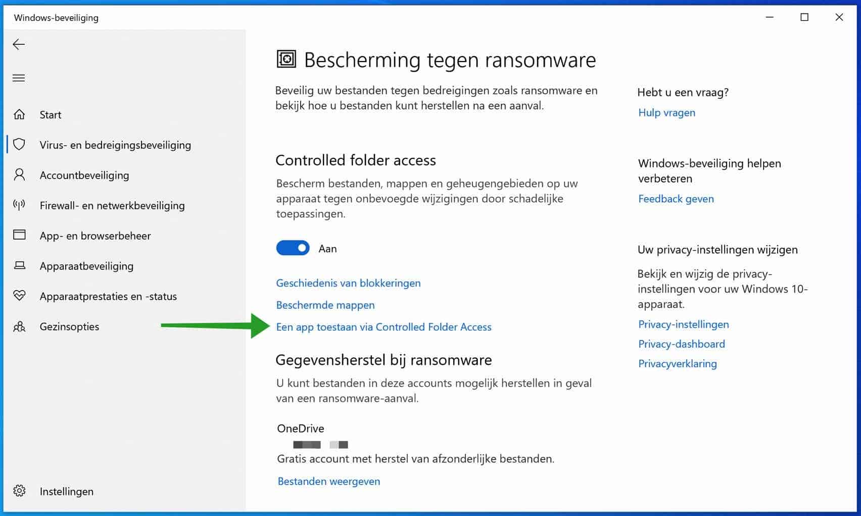 Een app toestaan via Controlled folder access