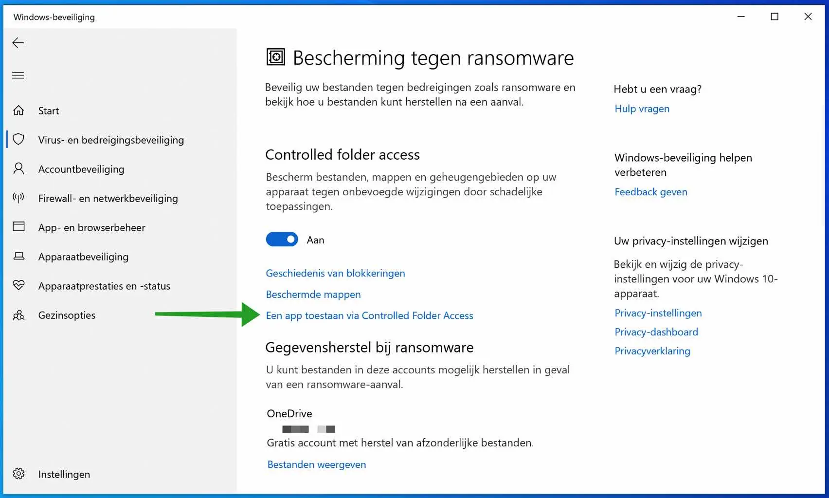Een app toestaan via Controlled folder access