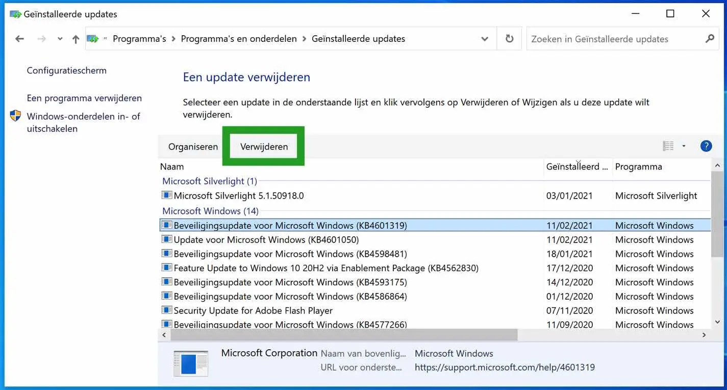 Een windows update verwijderen
