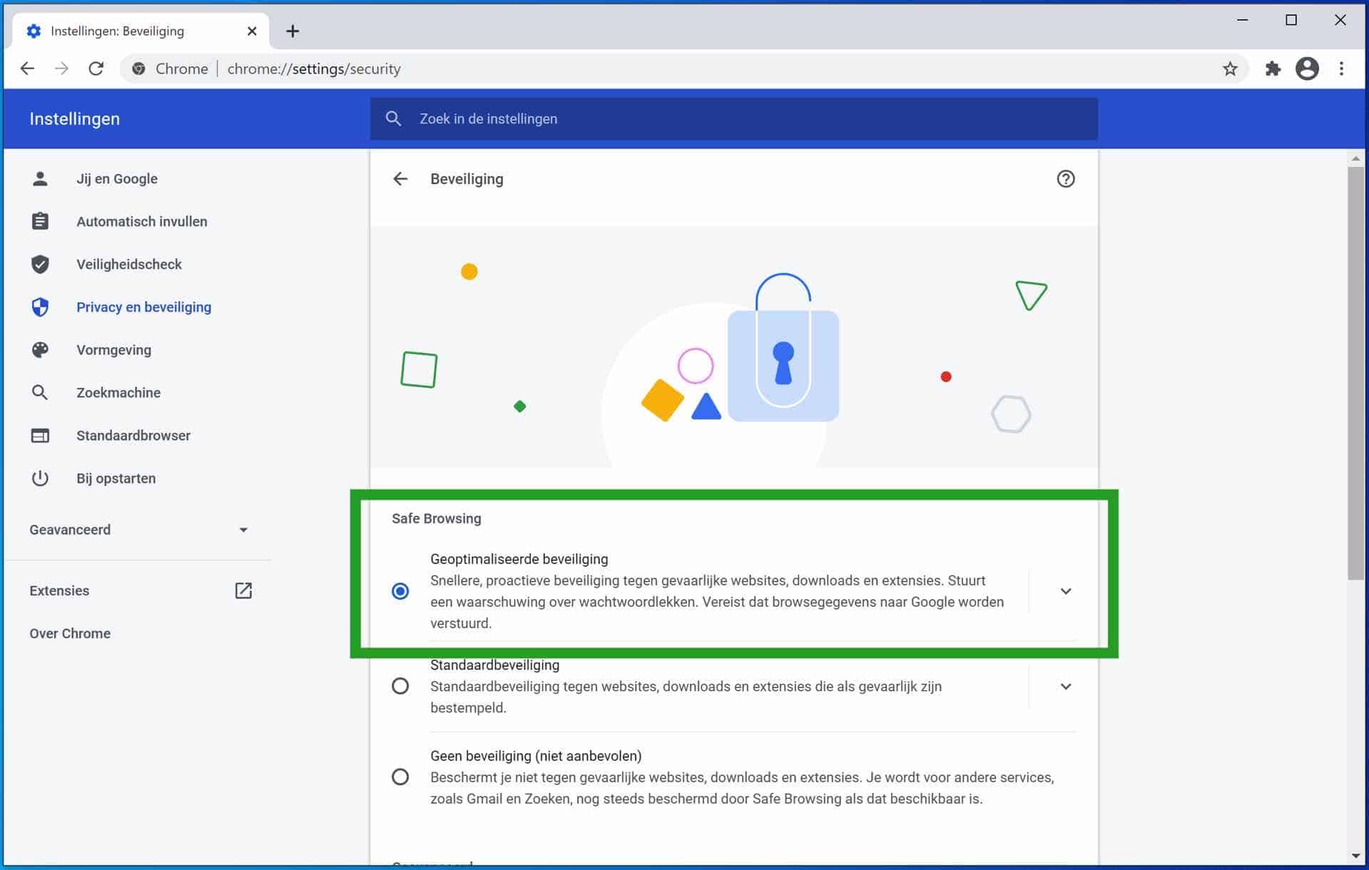 Enable optimized security in Google Chrome