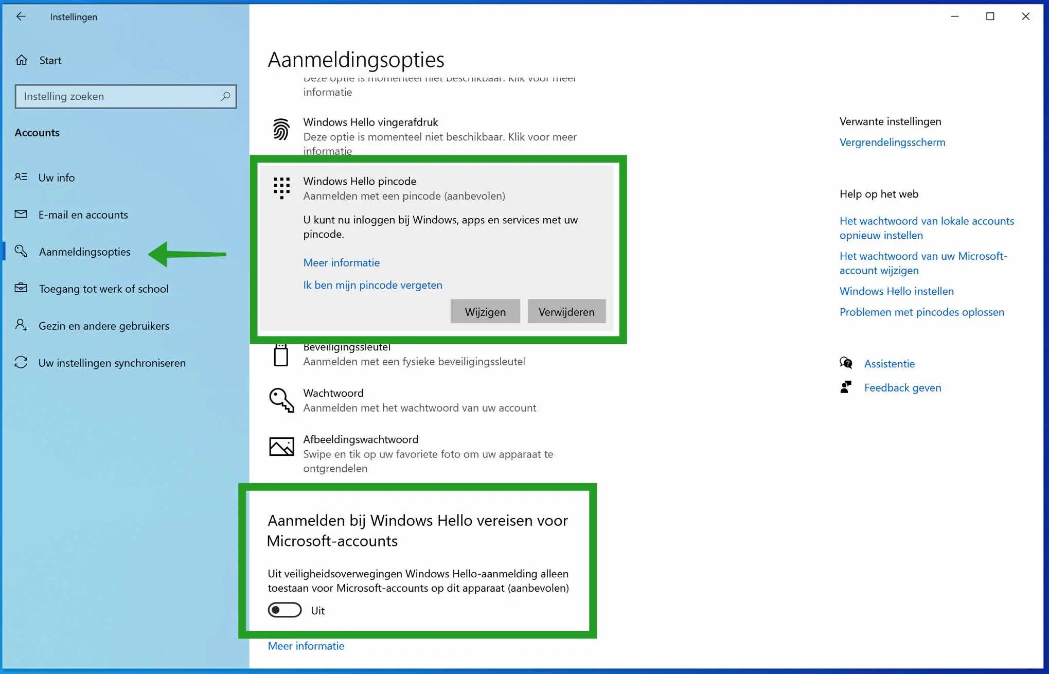 Windows pincode instellingen