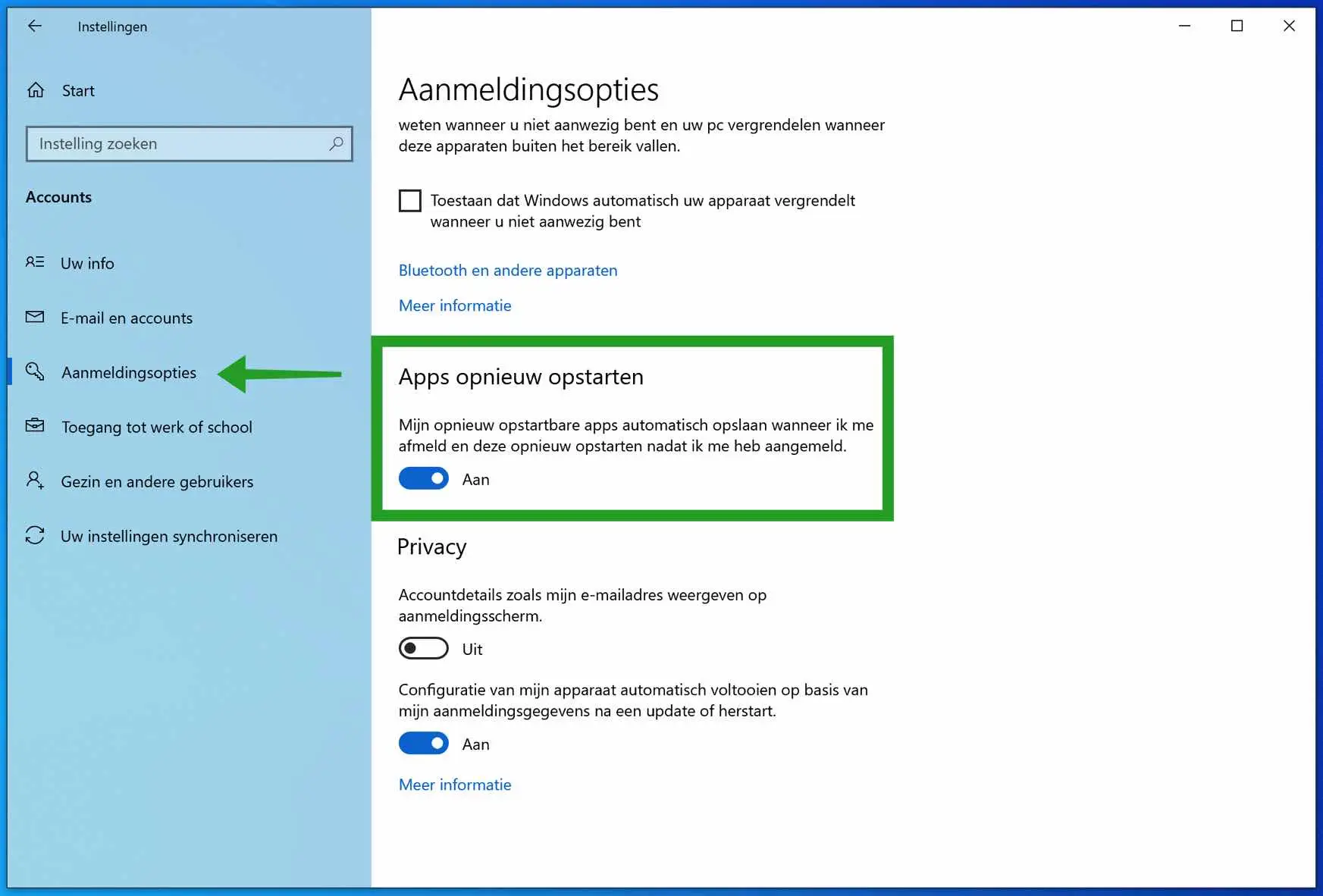 aanmeldopties apps opnieuw opstarten
