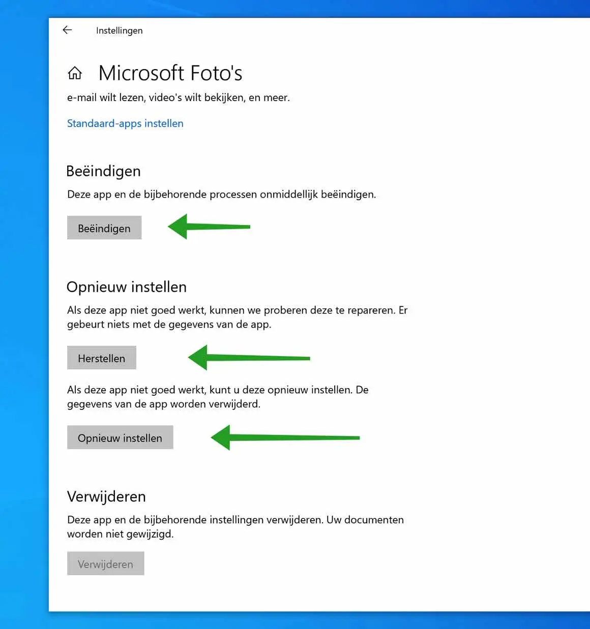 applicatie herstellen resetten of beeindingen in windows 10