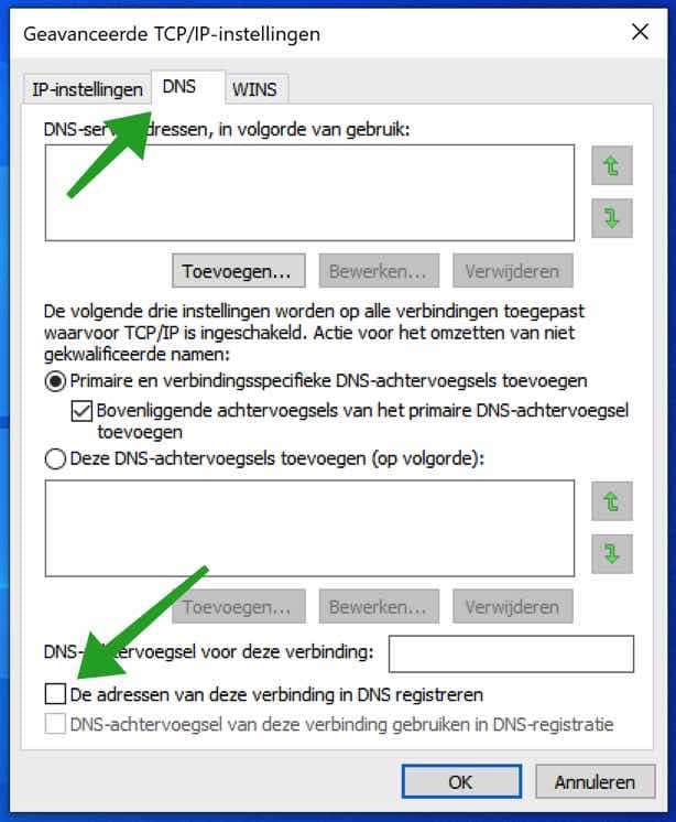 dns adres niet registeren in dns server