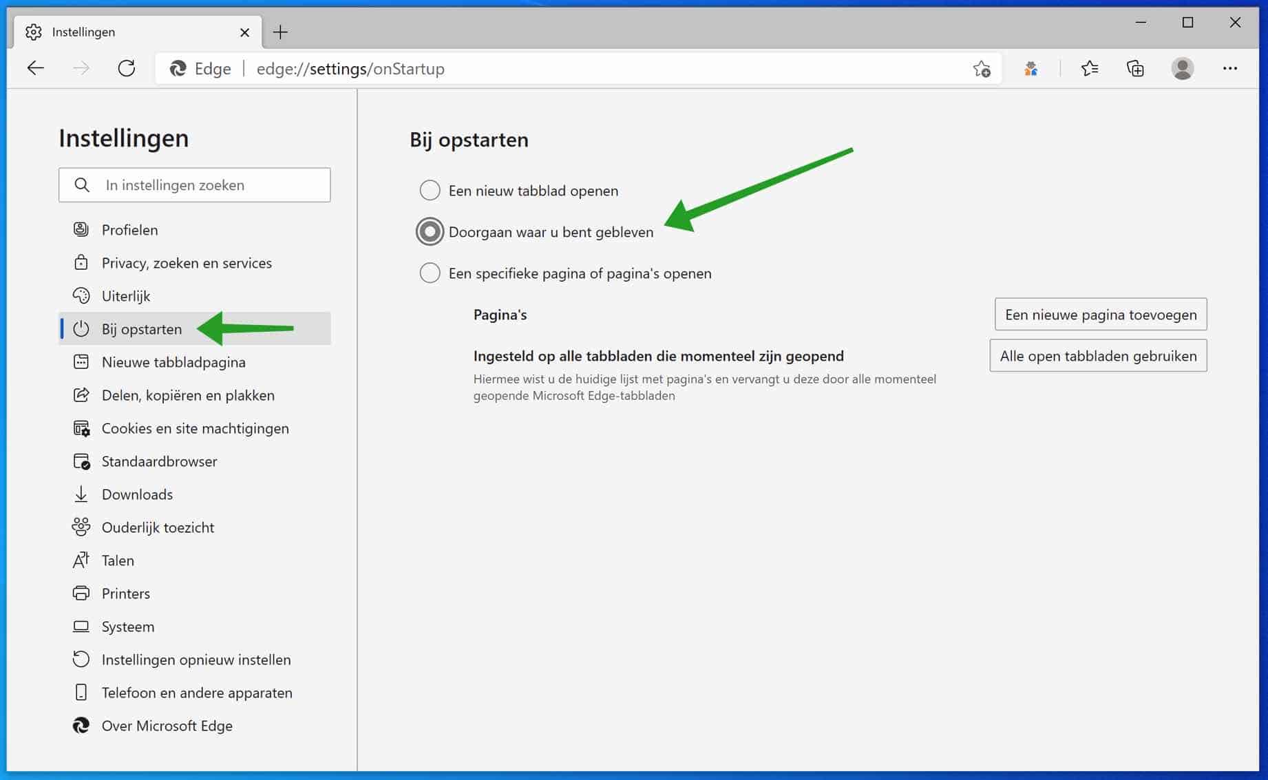 Laat Microsoft Edge altijd uw laatst geopend tabbladen openen