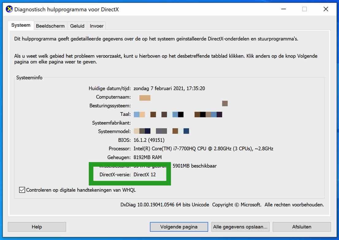 dxdiag directx versie opzoeken