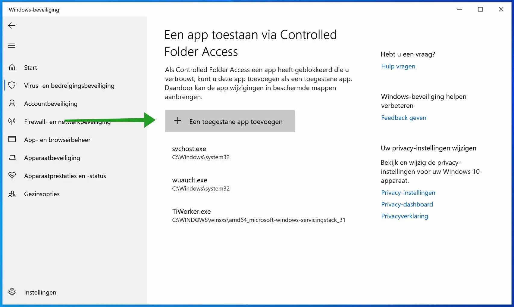 een toegestane app toevoegen controlled folder access