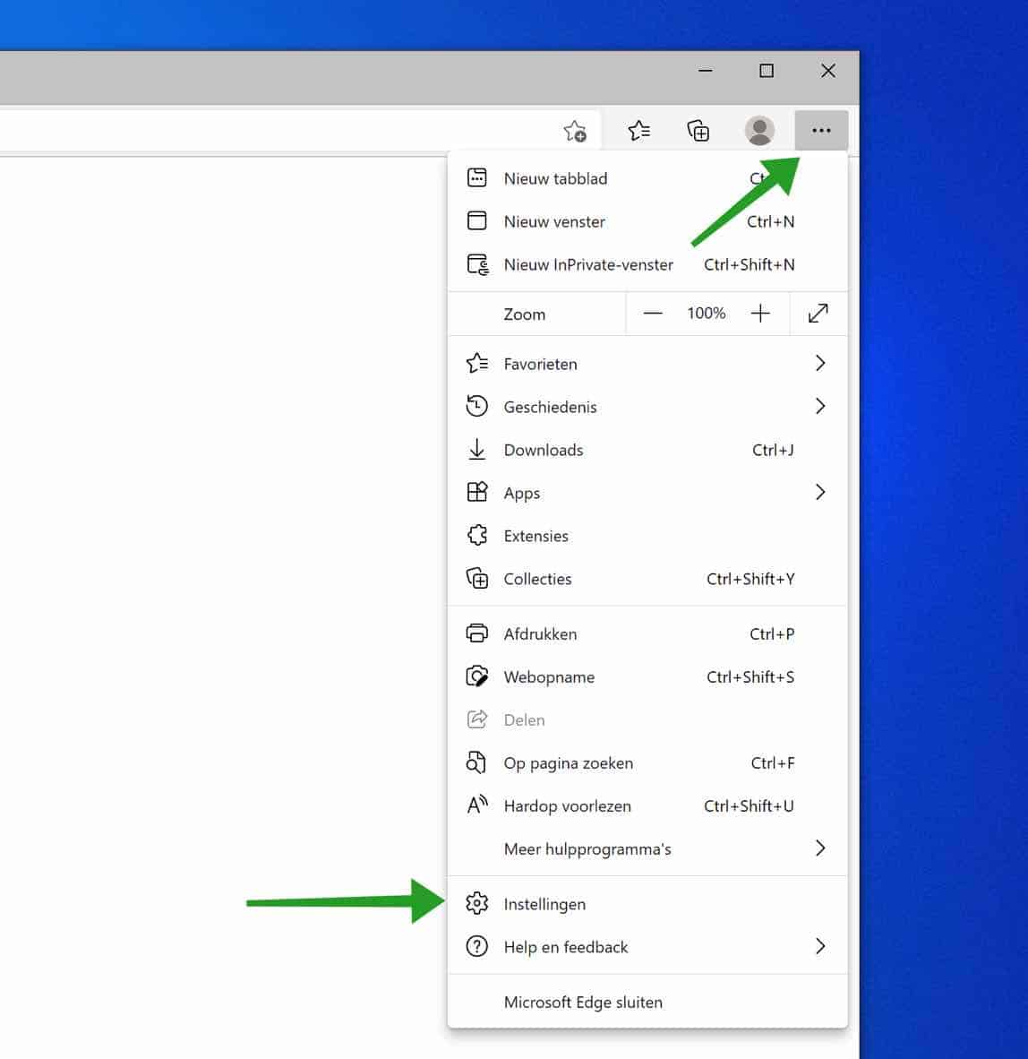 microsoft edge instellingen menu