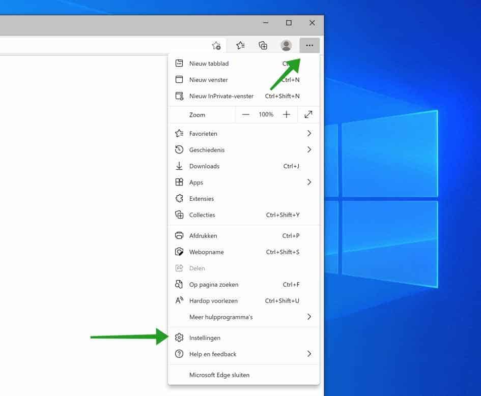 microsoft edge instellingen menu