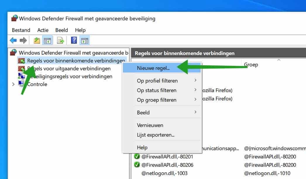 crear una nueva regla entrante en el firewall de Windows