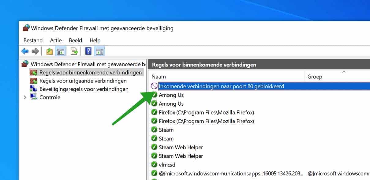 regel aangemaakt windows firewall