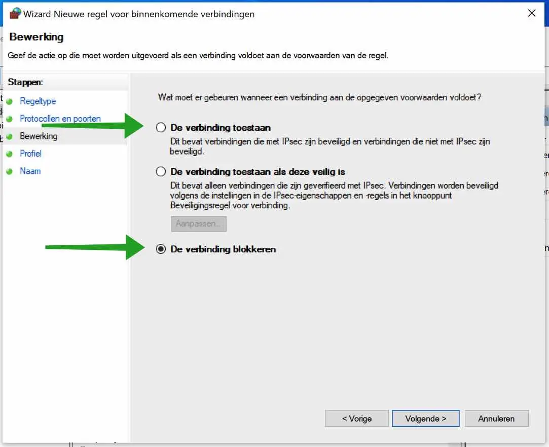 verbinding blokkeren in windows firewall