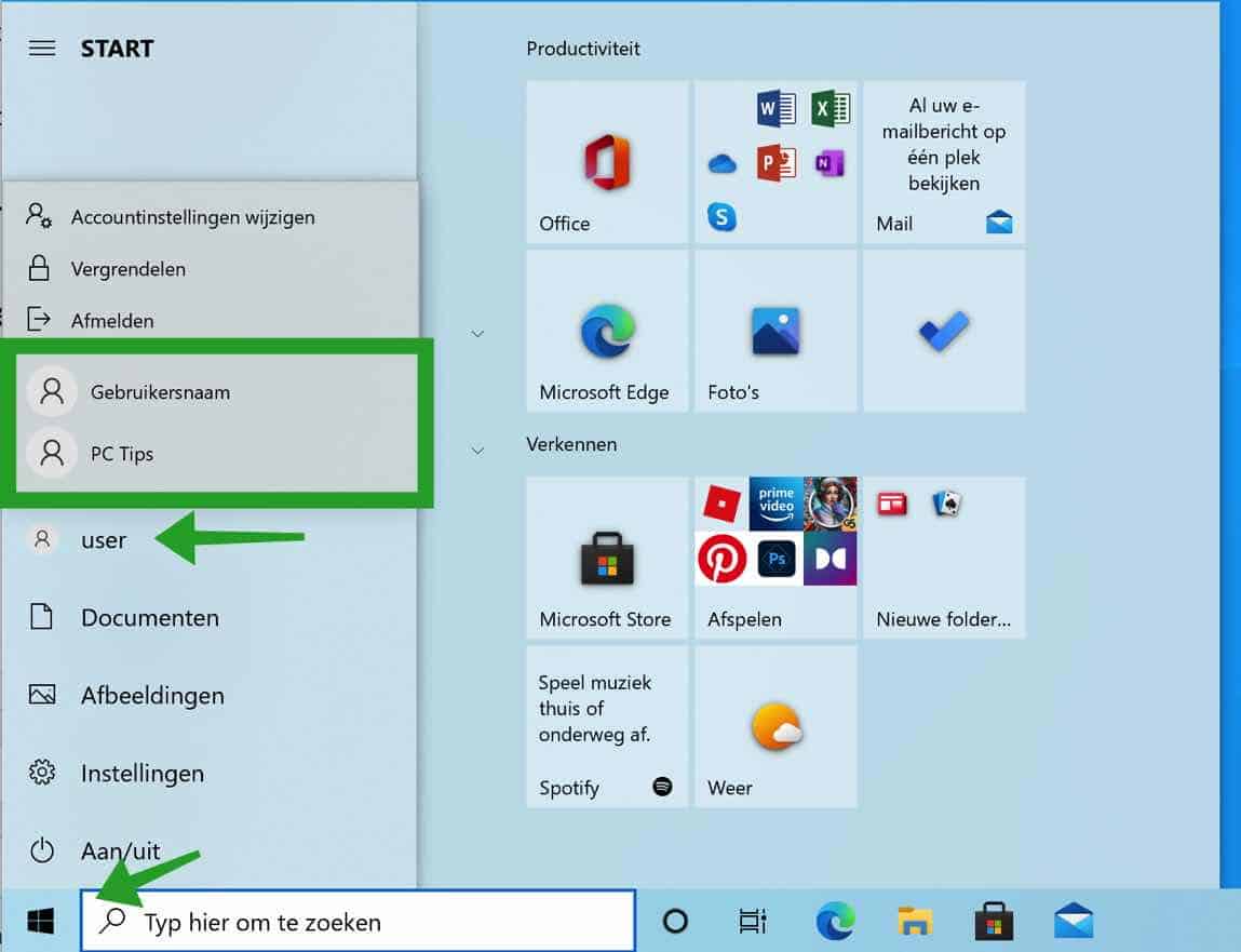 mostrar usuarios de Windows a través del menú de inicio