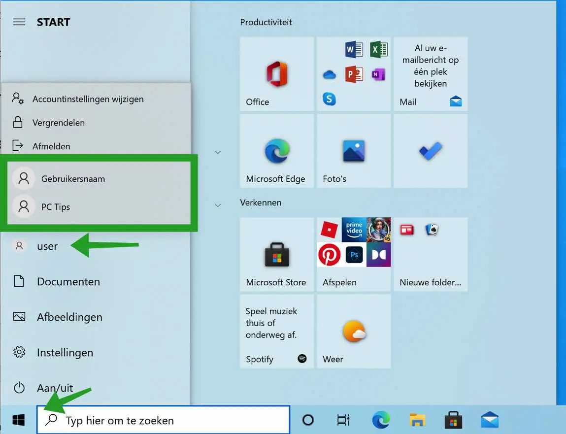 windows gebruikers weergeven via het start menu