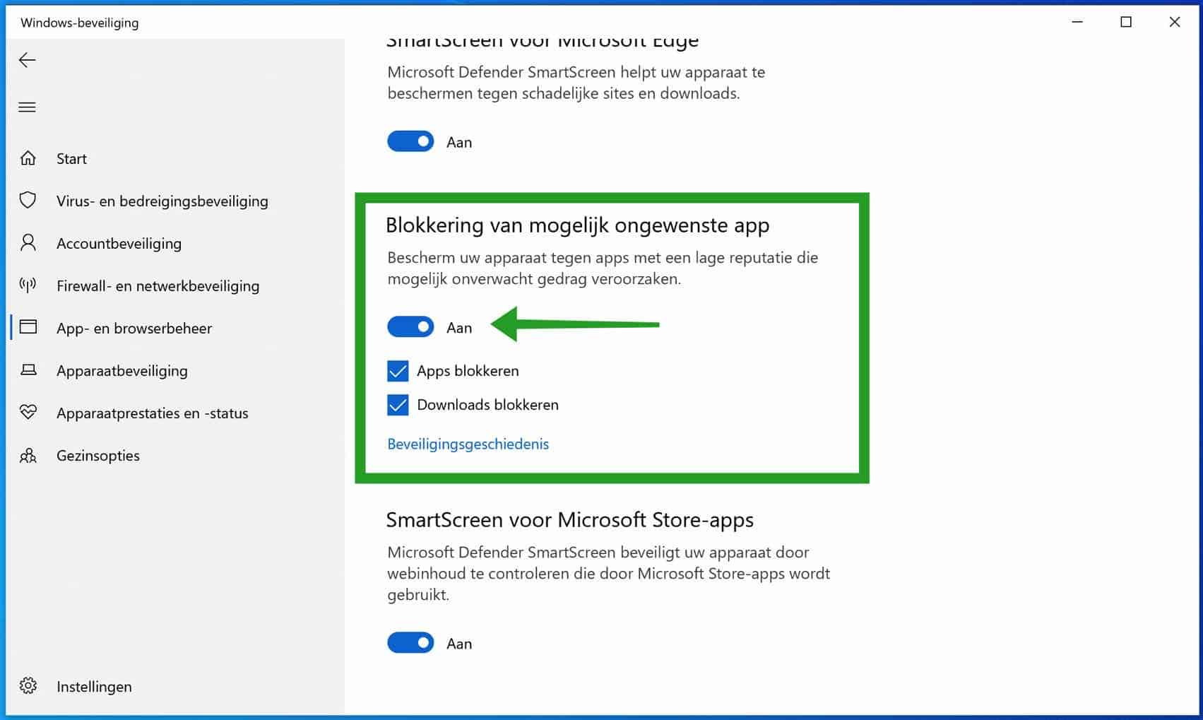 Ongewenste app blokkering in- of uitschakelen in Windows Beveiliging