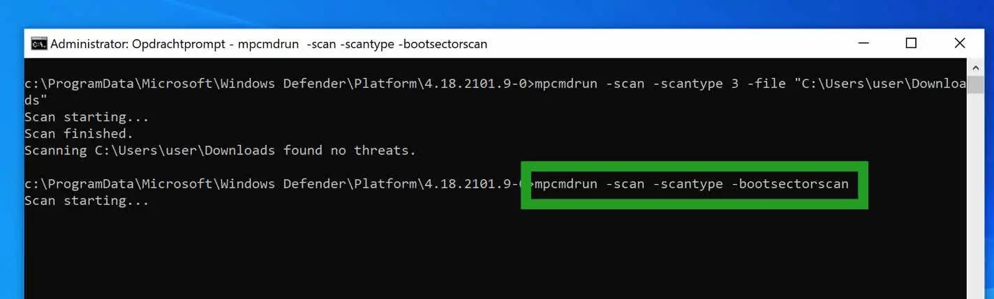 Bootsector scan uitvoeren met windows defender antivirus via opdrachtprompt