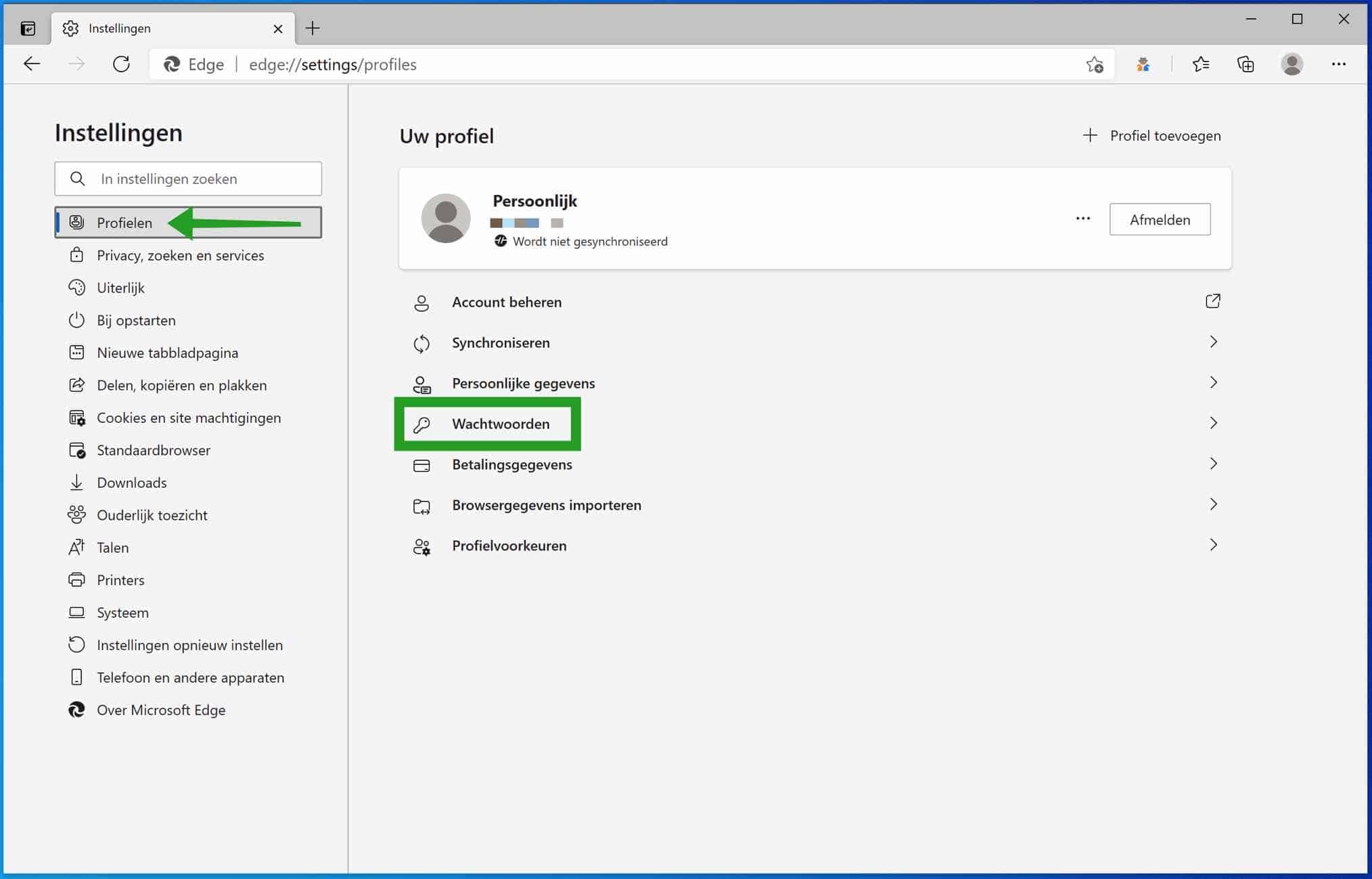 Microsoft Edge profielen wachtwoorden