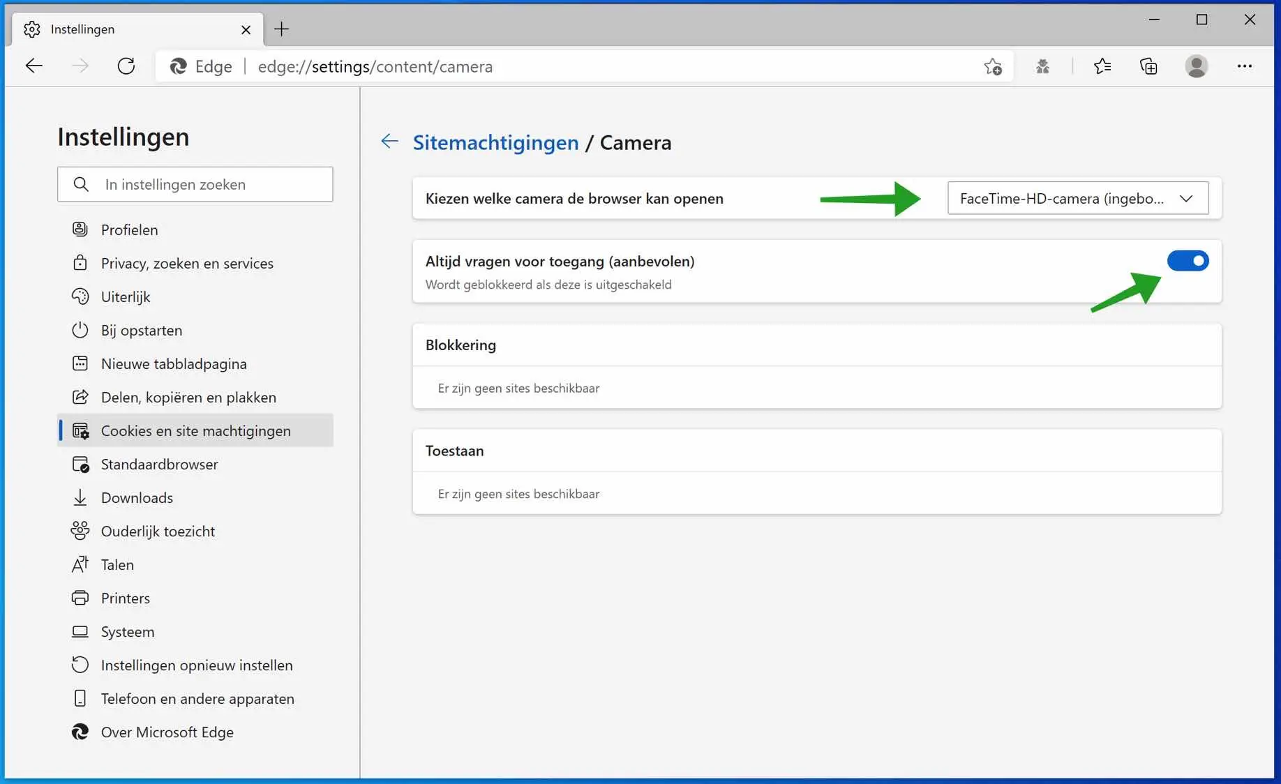 Sitemachtigingen camera microsoft edge