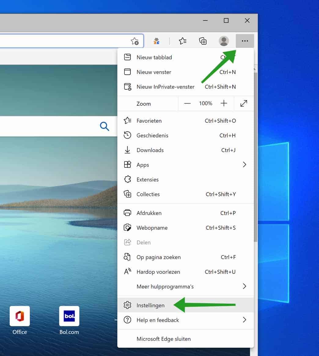 microsoft edge instellingen menu