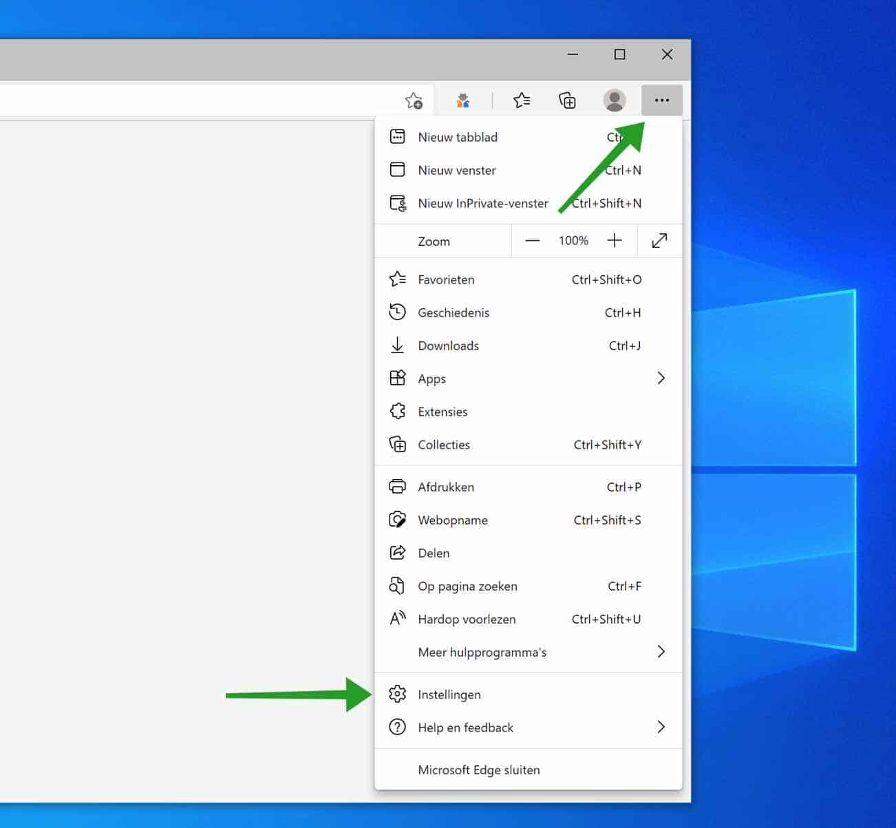 microsoft edge menu openen