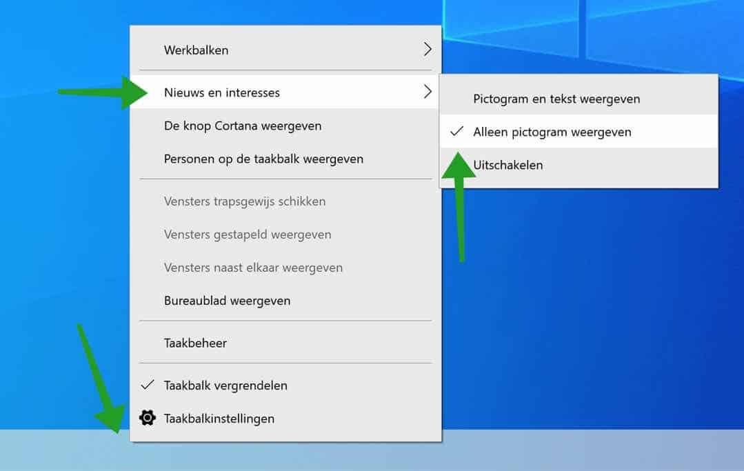 nieuws en interesses alleen pictogram weergeven windows 10