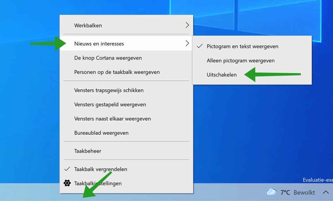 nieuws en interesses uitschakelen in windows 10