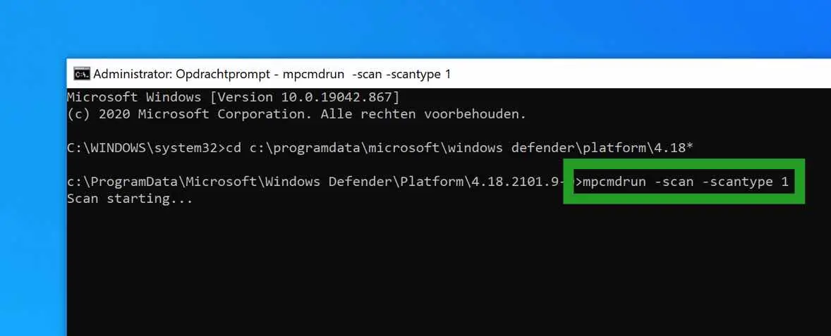 snelle scan uitvoeren windows defender antivirus opdrachtprompt cmd