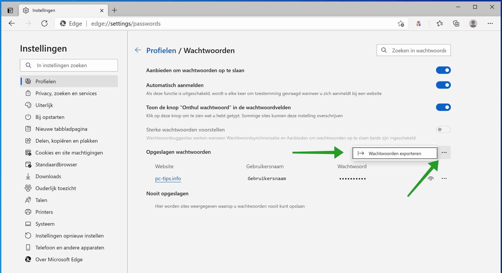 Wachtwoorden exporteren uit Microsoft Edge