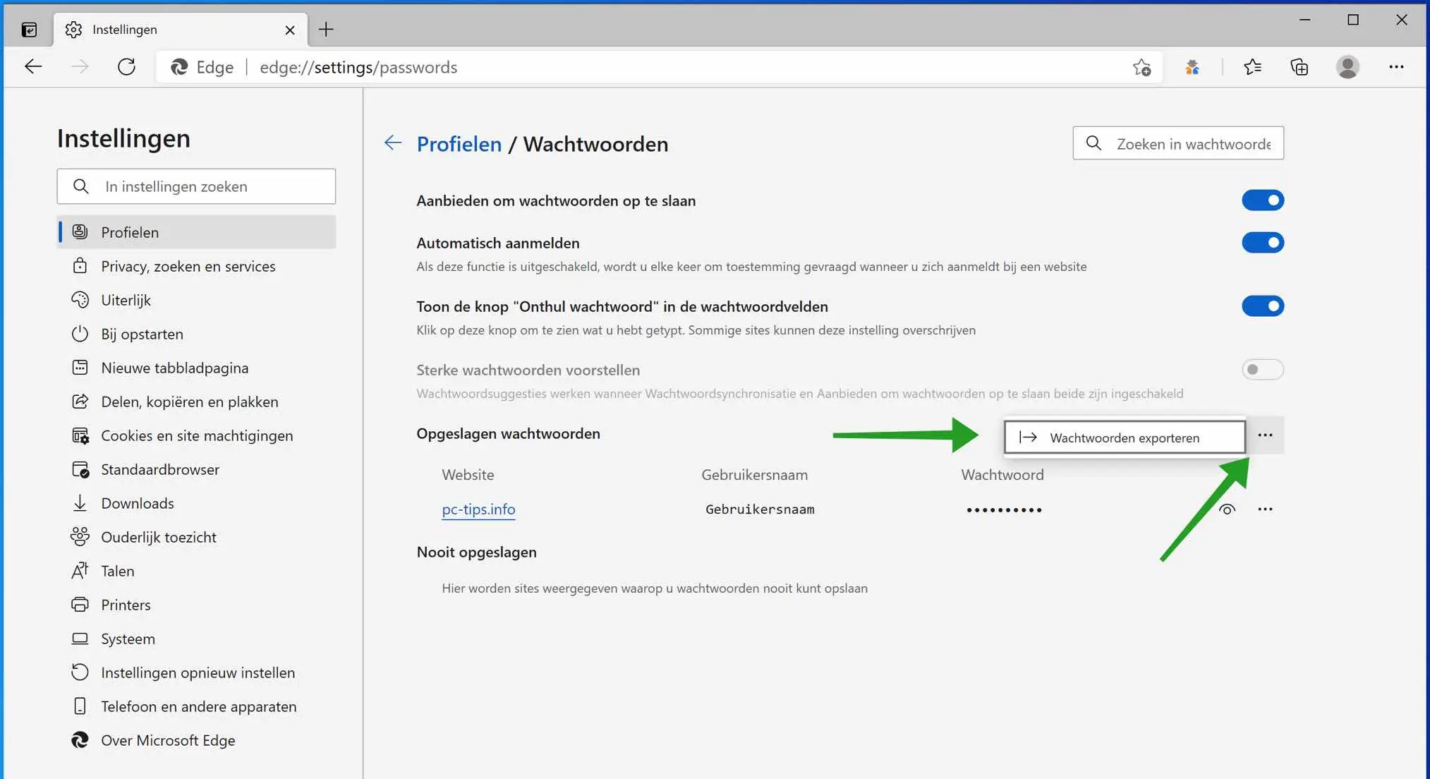 wachtwoord exporteren microsoft edge