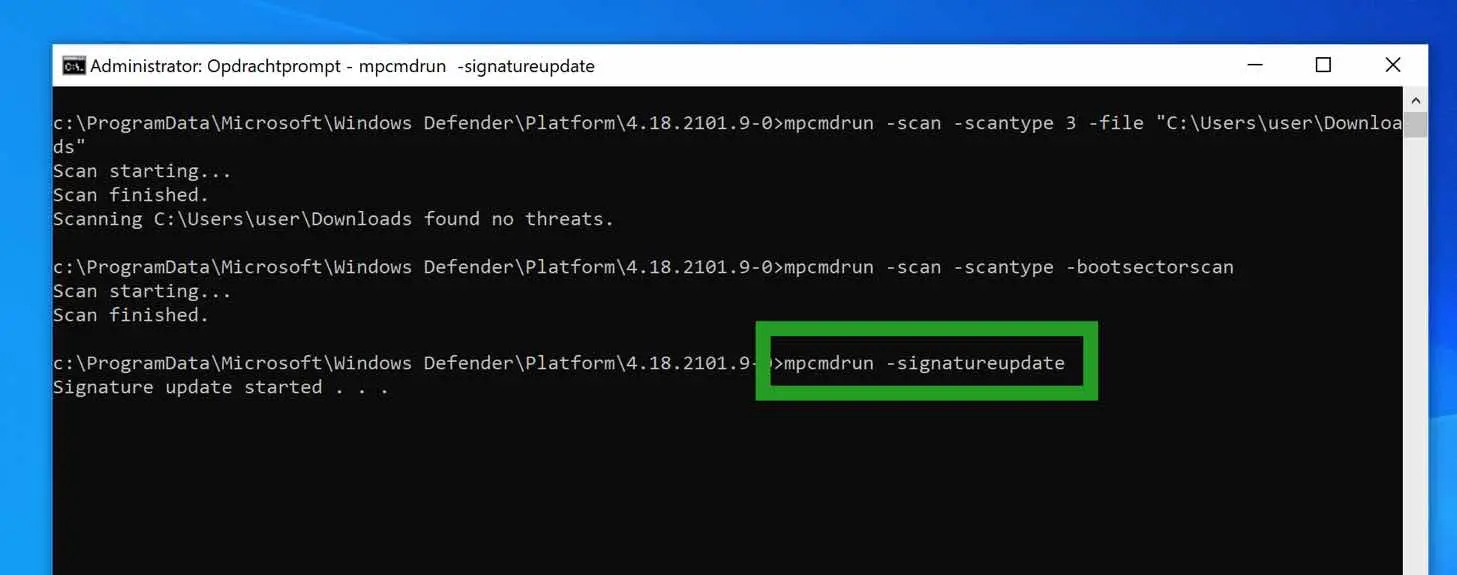 windows defender antivirus updaten via opdrachtprompt cmd command-prompt