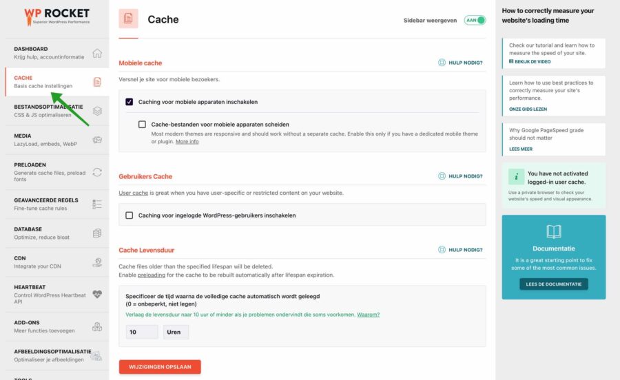 Cache instellingen WP-Rocket