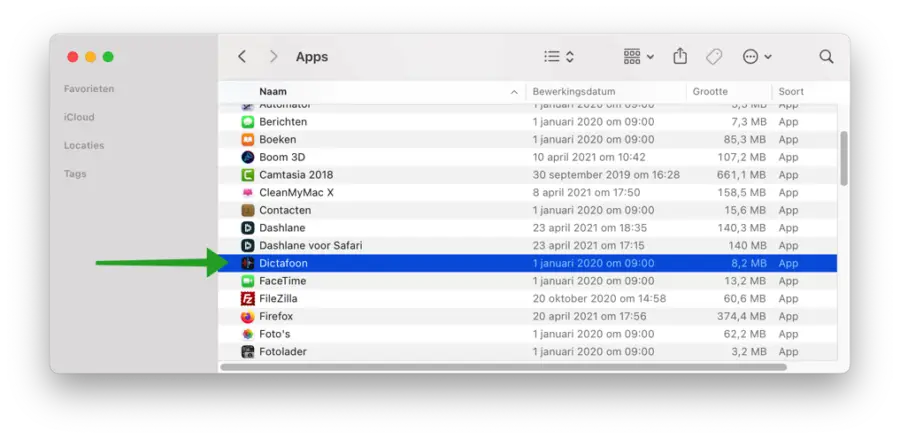 Dictafoon software openen op Mac